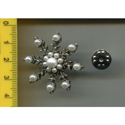 Broszka pin metalowa śnieżynka z perełkami ZB-244